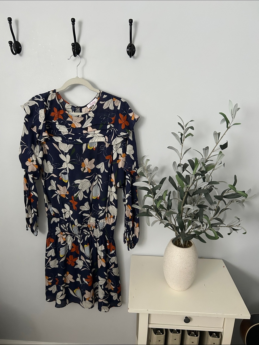 Nordstrom - Parker Silk Navy Floral Long-Sleeve Ruffle Dress